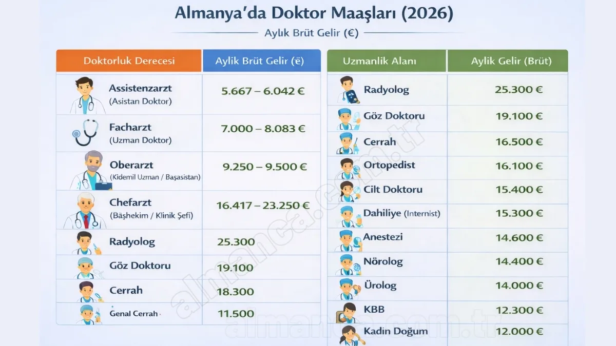 almanya doktor maaslari 2026