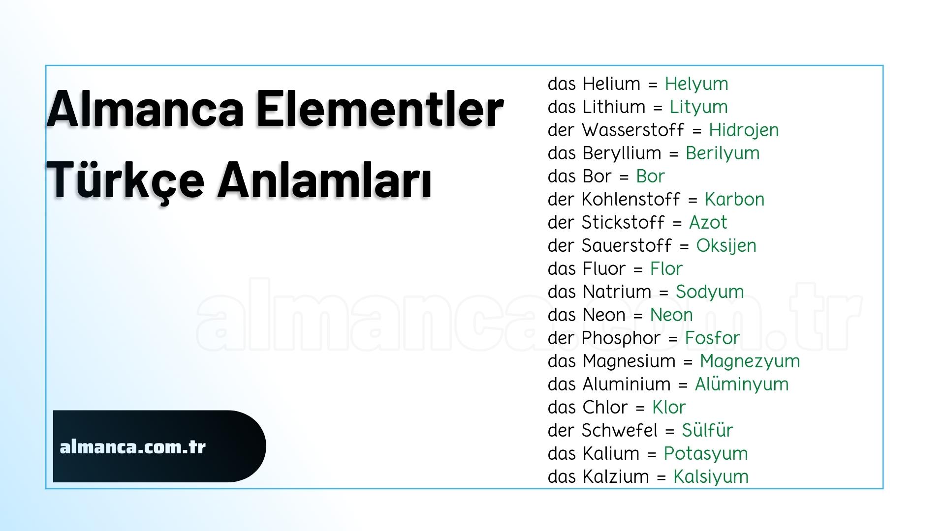 Almanca Elementler ve Türkçe Anlamları